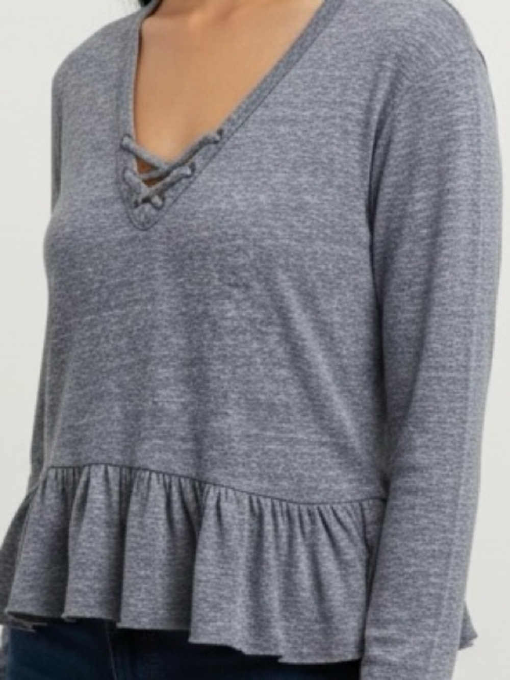Justice Gray Lace-Up V-Neck Ruffle Hem Long Sleeve Top